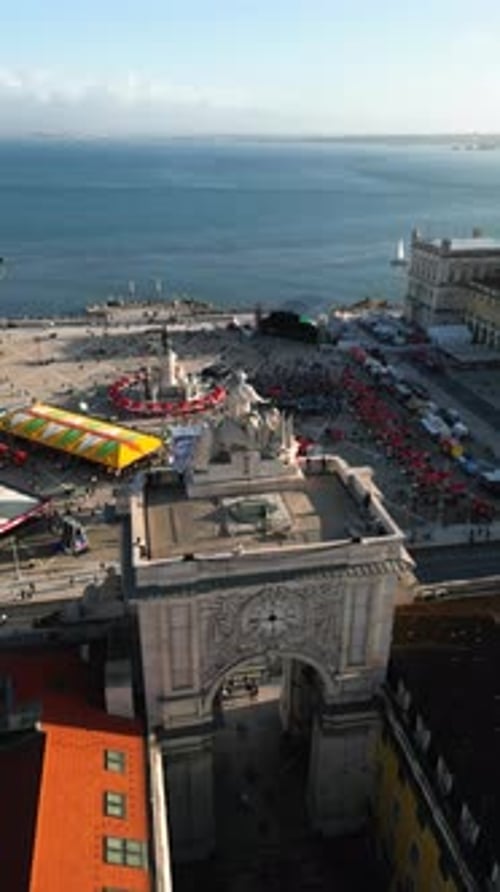 Aerial video of the Triumphal Arch of Rua Augusta in Lisbon