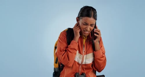 Phone call, hiking and woman with lost network in studio isolated on a blue background mockup space