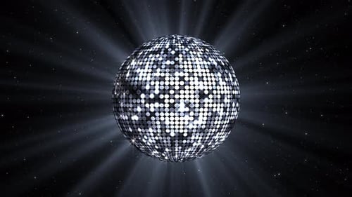 3D rotierende funkelnde Discokugel Partylichter, Discokugel auf schwarzem Hintergrund. Spiegel-Disco-Kugeln