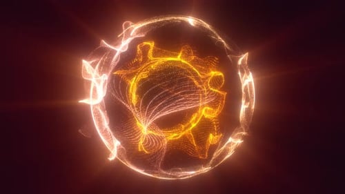 Abstract yellow orange looped energy particle sphere glowing electric magical futuristic