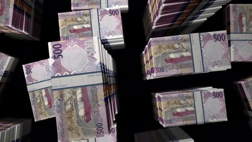 Flight over the Qatar Riyal money banknote packs loop
