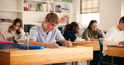 High school, learning and students in classroom writing for exam, test and quiz in lesson