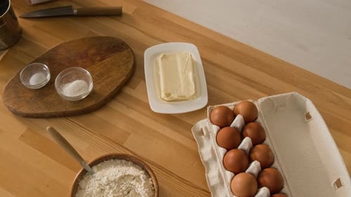 Kitchen Counter with Ingredients for Making Dough, Top View