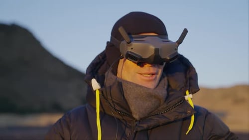 A Man Testing His FPV Drone Goggles In Iceland