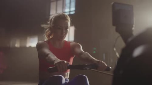 Fit Woman Exercising on Rowing Machine at Gym