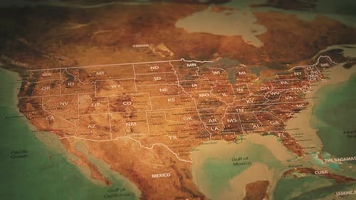 Stilisierte Vintage-Karte der USA und der Vereinigten Staaten von Amerika mit 3D-Animation an den Grenzen der Staaten