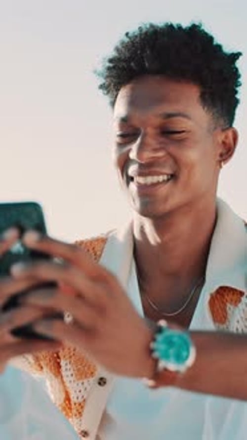 Outdoor, smile and man with smartphone, internet and traveller with social media