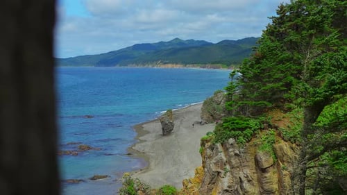 Beautiful View of Bend of Coast with Rocks on Sunny Day Clip Landscape of Rocky Coast with Green