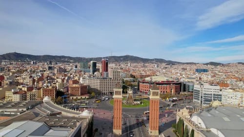 Panoramic aerial drone view of city traffic Plaza de Espana of Squares in Barcelona