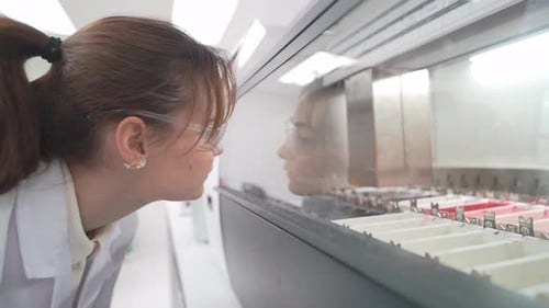 Woman Scientist Examining Samples Inside Automated Lab Machine