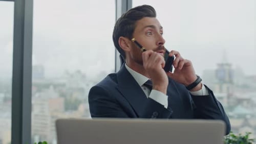 Smart Financial Manager Consulting by Phone Sitting Luxury Office Close Up. Attractive