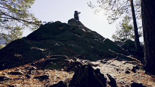 Man on Top of Steep Rock in Forest