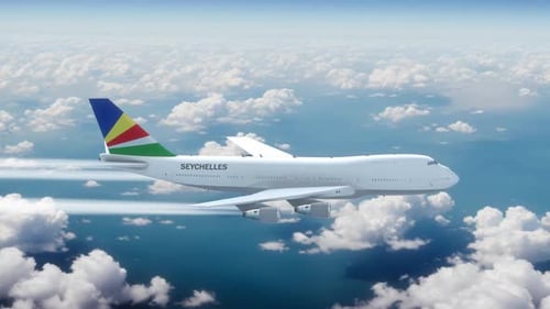 Commercial Airliner Passanger Plane Jumbo Jet Flying Over Clouds With Country Flag Seychelles