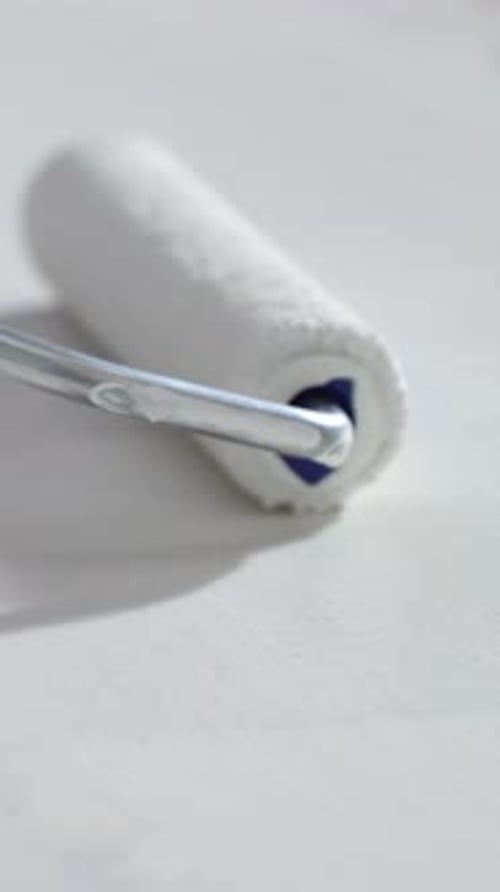 Paint Roller Applying White Paint Close Up