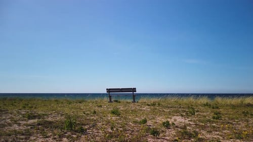 Solitary bench overlooking the calm Baltic Sea on Gotland's Irevik shore, clear blue sky