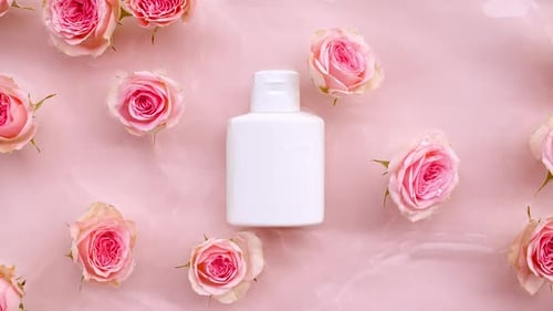 Kosmetikflasche und rosafarbene Rosenblüten in Zeitlupe mit Wellen, Wasser, klares Wasser mit Reflexionen