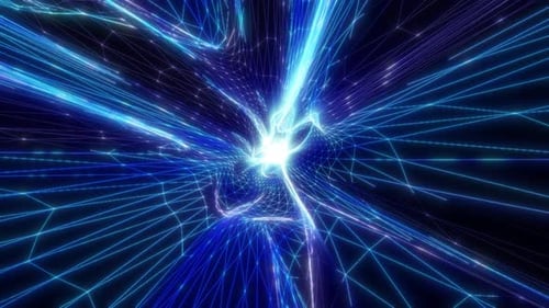 Digital futuristic tunnel or travel through time and space at high speed, moving bright neon lines.