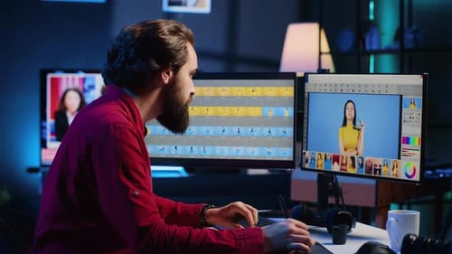 Man Editing Photos on Computer in Modern Office