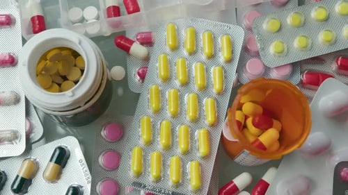 Close-Up of Various Medications, Pill Bottles and Blister Packs on the Table