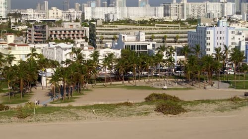 South beach Miami Florida aerial drone flyover of turquoise waters and white sand