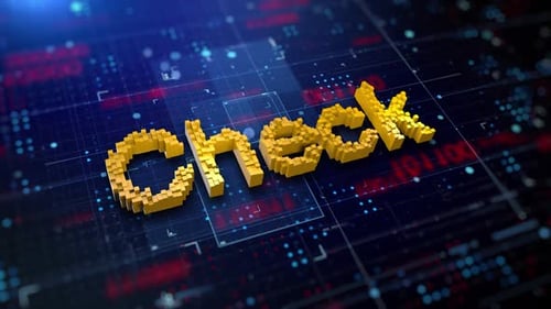 Golden Pixelated Check Text on Digital Technology Background