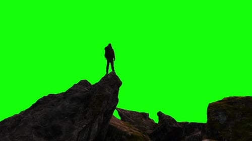 Adventure Man Hiker Standing on Top of Mountain Peak Composite Cutout with Green Screen