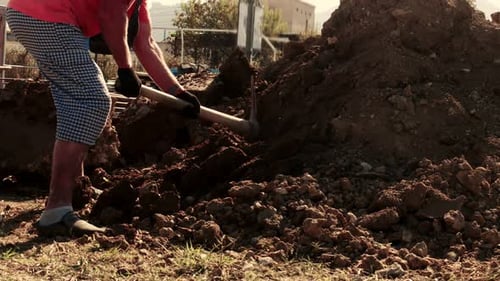 Man Digging Soil with Mattock on Sunny Day