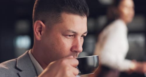 Cafe, business and man with coffee, lunch and relax with break, entrepreneur and consultant