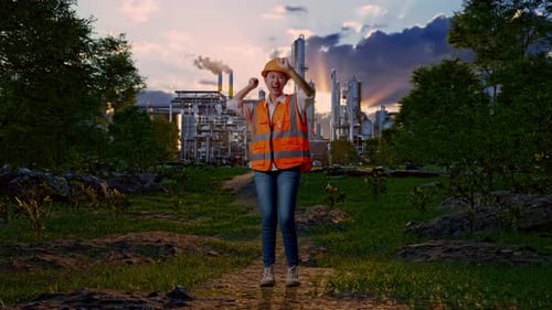 Full Body Of Asian Female Engineer Screaming Goal And Dancing Celebrating In Front Of Oil Refinery