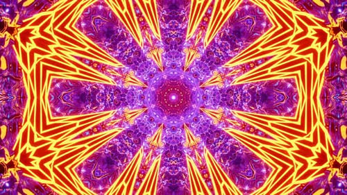 Buntes Kaleidoskop mit gelber Mitte und lila Mitte. Kaleidoskop VJ Loop
