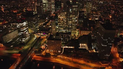Aerial View of Busy Roads in La Defense at Night Modern Skyscrapers in Business Urban Borough Paris