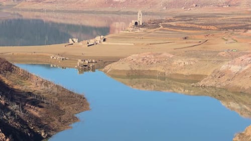 Swamp, Sau reservoir in Barcelona, extreme drought in Spain Europe, without water, views of the famo
