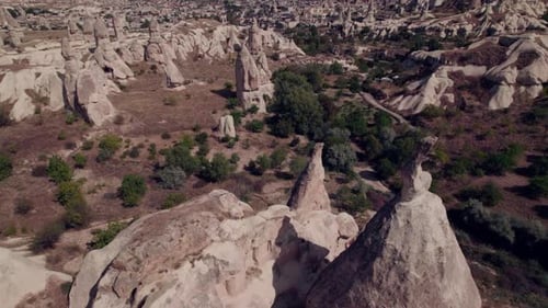 Close aerial view of Cappadocia's fairy chimneys
