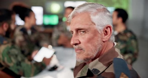 Military, meeting and strategy with face of man at headquarters for defense force