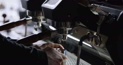 Professional Coffee Machine In Coffee House Closeup View Of Barista Hands Enjoy Fresh Coffee