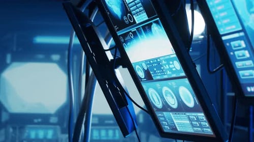 Futuristischer Raumschiff-Bedienfeldschnittstelle Digitaler Armaturenbrett-Hintergrund für Raumfahrzeuge mit Indikatoren
