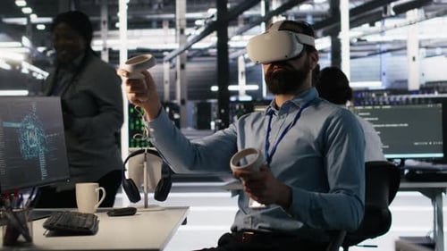 Admin Using VR Headset in Data Center to Update Server Tech
