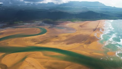 Aerial view of Raudisandur beach in Iceland.