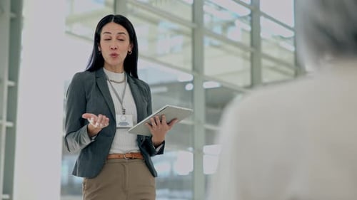 Presentation, meeting and woman speaker on tablet talk to audience for conference
