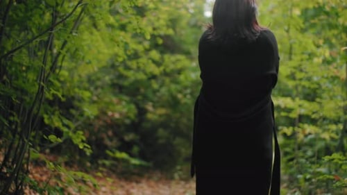 Back View Female Wanderer Strolling Through Forest in Autumn