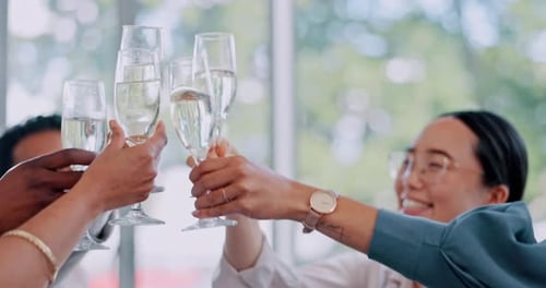 Champagne, success and business people with cheers for celebration in the office boardroom