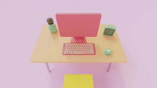 Farbenfroher moderner Arbeitsbereich mit pinkfarbenem Computer und Dekor