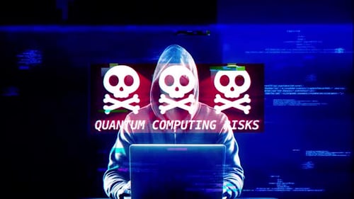 Quantencomputer-Risiken auf digitalen Bildschirmen Meldung auf Computerbildschirmen