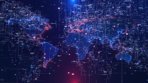 Animated Futuristic World Map Global Data Network