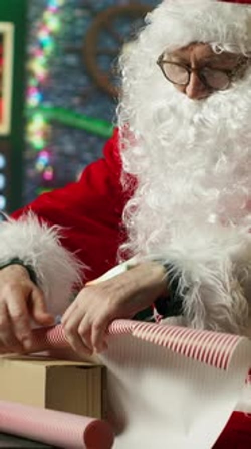 Santa Claus wrapping gifts for Christmas in festive home