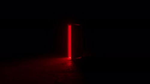 Red door opening in dark room revealing bright light