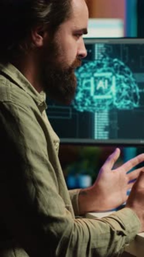 Vertical Video Sentient AI Gains Humanoid Form Inside Computer Waving Hand Greeting Creator