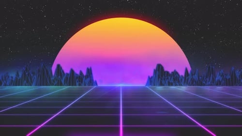 Stylized Vintage 3D Animation Background with Mountains Sun and Glowing Stars