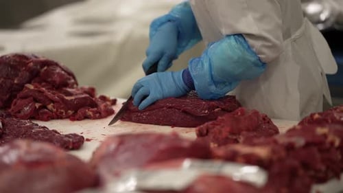 Skirt steak being trimmed by worker with a large knife at a meat processing plant
