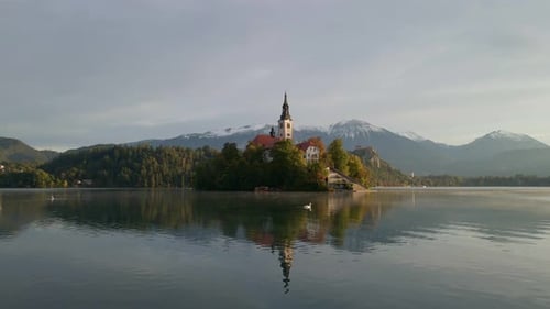 Aerial view of picturesque church and island on Lake Bled, Slovenia.